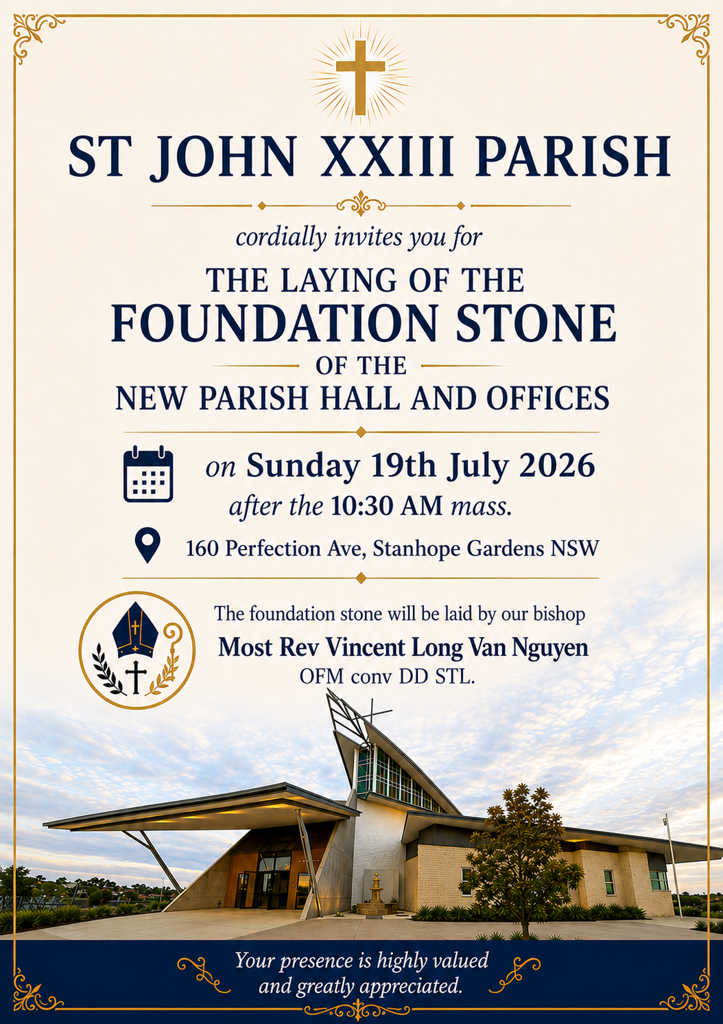 St John XXIII Parish Mass & Blessing of foundation stones of parish hall and offices (19 July)